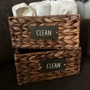 SOLD Woven Rattan Storage Baskets with "CLEAN" Plaques - Brown set of 2